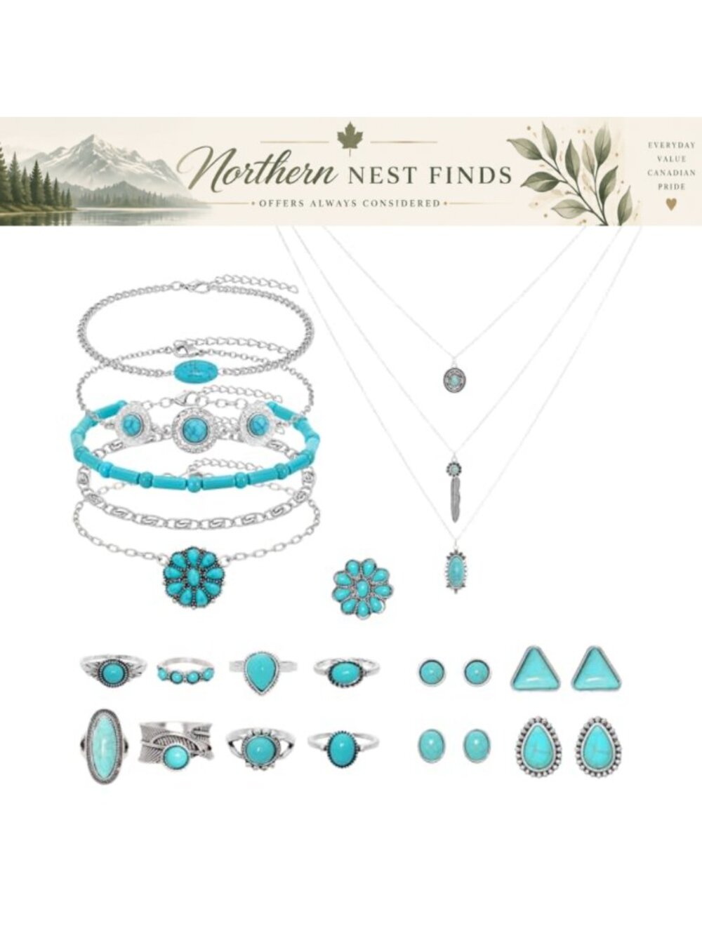 Bohemian Jewelry Set 19pc Necklace Earrings Bracelets Rings Alloy Turquoise
